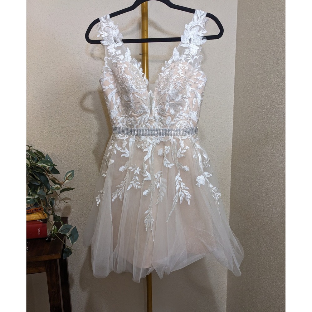 JJ's House Lace Illusion Tulle Cocktail Dress Ivory Champagne Rhinestone Prom